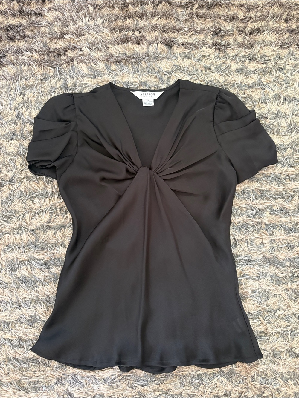 Allison Taylor Black Twist-Front Short Sleeve Blouse Size S New!